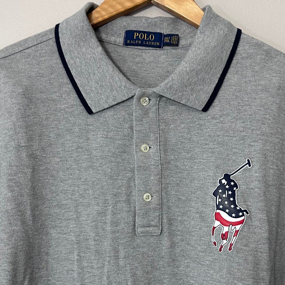 Polo Ralph Lauren Polo Shirt Mens 2XLT Gray USA Flag Big Pony Tall Cotton